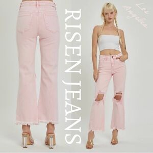 Risen Jeans Acid Pink High Rise Straight Leg Jeans Distressed Knee Raw Hem Jrs 3